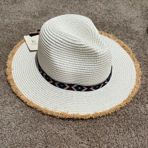 Brixton Cream Straw Hat with Tan Fringe and Patterned Band